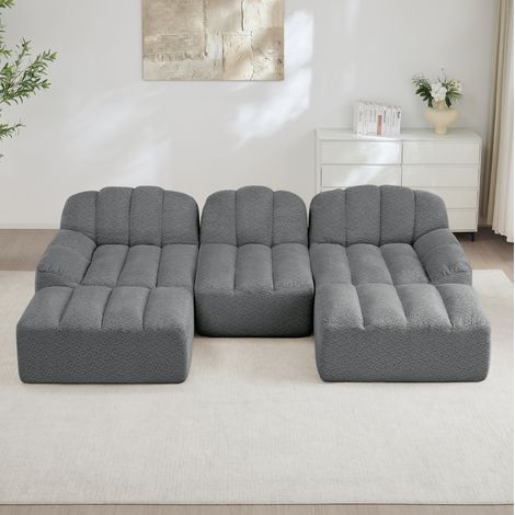 Canapé modulable 3 places en forme de U avec 2 poufs, mousse 32D, tissu gris, REDOM (1/5)