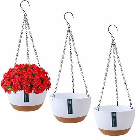 Lot de 3 pots de fleurs suspendus avec trous de drainage et soucoupes, support de plantes à suspendre pour extérieur et intérieur, panier suspendu pour plantes et fleurs (blanc) (1/5)