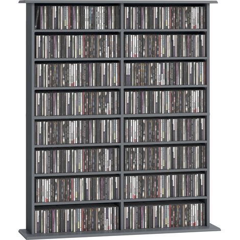 Mobile contenitore per CD e DVD con 16 scomparti e 12 ripiani regolabili, capacità massima 720 CD/396 DVD e Blu-ray, colore grigio.