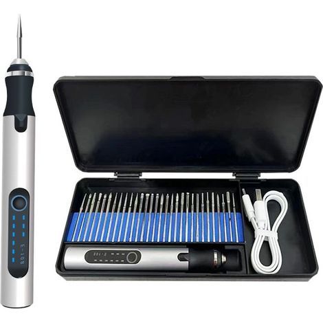Stylo Graveur Électrique, Graveur Électrique Mini Outil Graver Bricolage, Mini Stylo De Gravure USB Rechargeable Stylo Graveur Multifonctionnel, Pour Bijoux Métal Verre Pierre Plastique Bois, Argent-M (1/4)