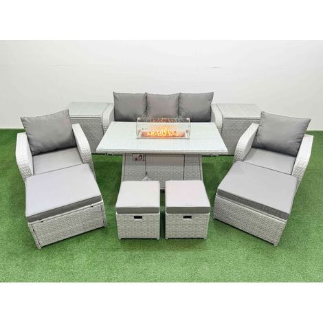 Fimous PE Rattan Lounge Sofa Set 9 Seater Outdoor Garden Furniture Set with Gas Firepit Table 3 Seater Sofa 2 Big Footstools 2 Side Tables Light Grey (1/4)