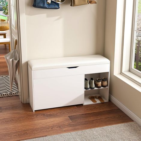 Banc à Chaussures Rembourré, Rangement Caché, Étagères, pour Chambre, Salon, Entrée, Blanc (1/5)