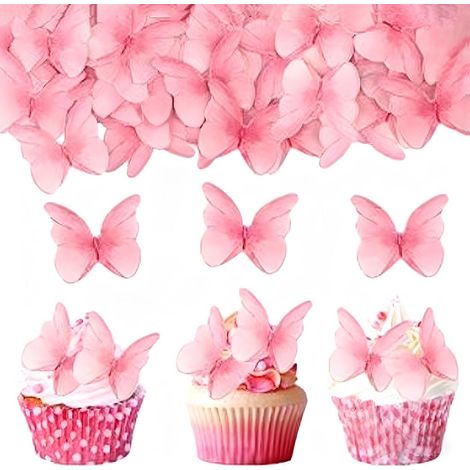 Lot de 96 Papillons Comestibles Décorations de Gâteau, Décorations de Cupcakes, Décorations de Gâteau pour Anniversaire, Mariage, Filles (Rose)