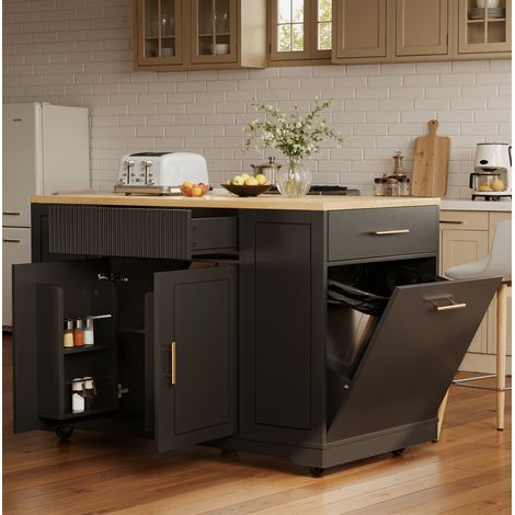 MEUBLIV îlot de cuisine sur roulettes 120x50x92 cm noir avec rangement et compartiment poubelle (1/5)