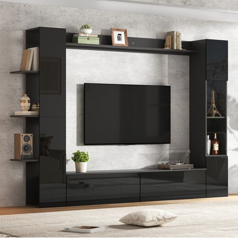 Parete attrezzata TV 245x30x170 cm, con armadio integrato, ripiani aperti, MDF, nero (1/5)