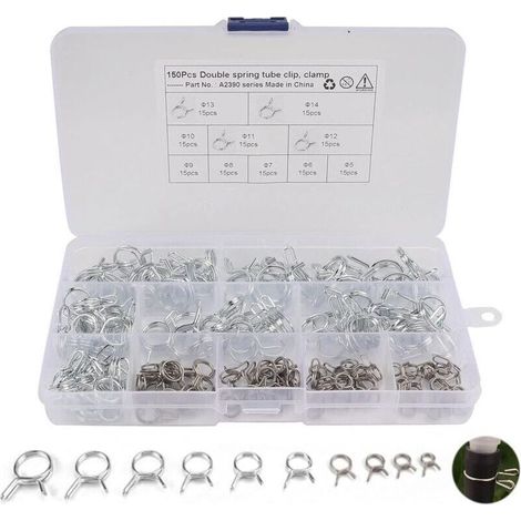 150Pcs 10Tailles Pince de Durite de Conduite de Carburant, Pince à Ressort, Collier de Serrage Durite Convient pour Tuyaux de 5mm - 14mm (1/4)