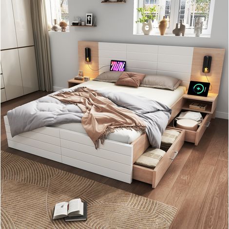 Cama doble 140/200 cm blanco y roble claro de madera maciza y MDF con mesitas, USB y luz de lectura (1/5)