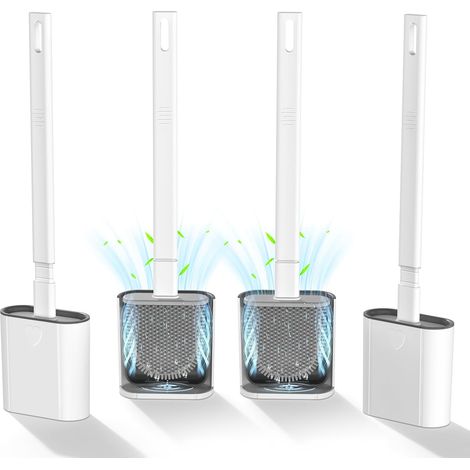 Lot de 4 brosses WC en silicone avec support avec long manche en plastique antidérapant et poils souples et flexibles, brosses WC et support et base anti-goutte (blanc) (1/5)