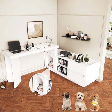 Bureau d'Angle en L avec Niche pour Animaux Intégrée, Bureau Télétravail Flexible en MDF 120x50 cm avec Rangement, Charge 50 kg (1/5)