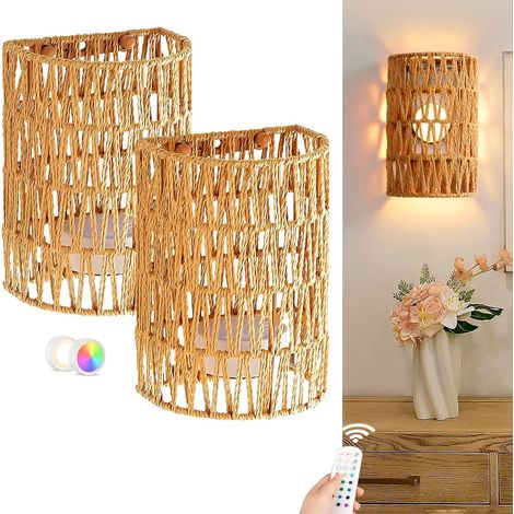 Applique Murale Intérieure Lot de 2 Lampe Murale Sans Fil RVB USB Rechargeable Lampe de Chevet Murale Boho Rotin avec Télécommande Dimmable Appliques pour Salon Couloir Escalier Salle à Manger (1/5)