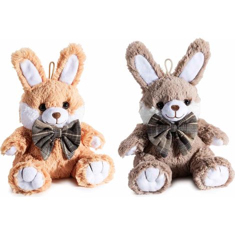 Lapins en peluche avec nœud papillon en tissu et cordon de suspension, lot de 4, 17 x 15 x H. 17,5 cm (assis)