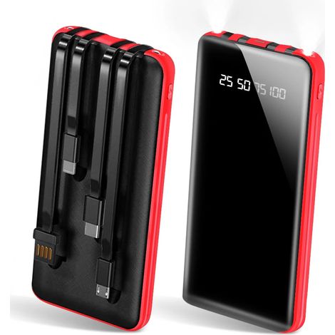 Batterie Externe 20000mAh Power Bank avec 4 Cables Intégrés 6 Sorties 3 Entrées LED Affichage Lampe Portable pour Voyage et Randonnée