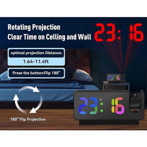 Réveil projecteur pour chambre à coucher, horloge numérique LED avec projecteur rotatif à 180°, peut projeter la lumière sur le plafond ou le mur. (1/4)