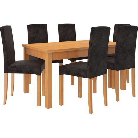Ensemble table extensible 140-180cm et 6 chaises en bois clair de hêtre et tissu noir Zakria (1/5)