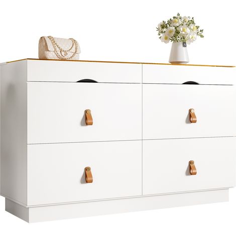 Buffet en verre trempé, commode à 6 tiroirs, coiffeuse, compartimenté, anti-basculement, armoire haute pour chambre et tous les espaces de vie, B120 x T40 x H78 cm, blanc (1/5)