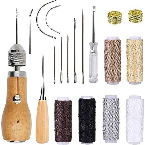 Kit de couture manuel pour cuir - Avec poinçon, rouleaux fil ciré, anneau en laiton, aiguilles à coudre bricolage la main outil outils réparation moquette, et toile (1/5)