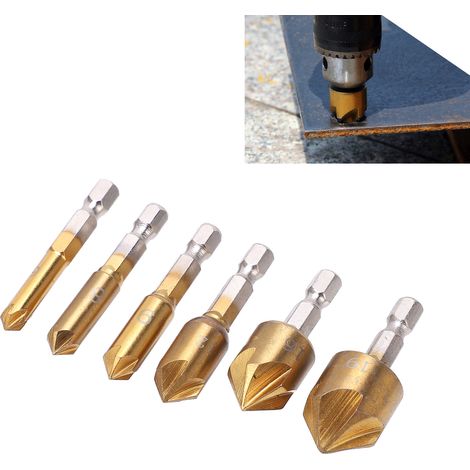 Sechsteiliges Set bestehend aus einem fünfschneidigen 90°-Sechskant-Fasenwerkzeug (6-19 mm), einem Fasenmesser, einem Senker und einem Lochöffner für die Holzbearbeitung. (1/5)