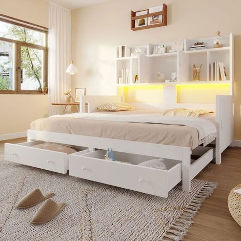 Lit gigogne banquette 90x190cm avec un éclairage LED - Lit gigogne - extensible en bois blanc avec deux grands tiroirs et prises USB (1/5)