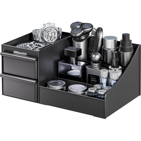 Organizador cosmético negro mate para hombre, con cajones, para guardar perfumes y productos para el cuidado de la piel, para el baño. (1/5)