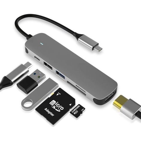 Hub USB C - 6 En 1 Avec Port HDMI 4K - USB 3.0 Et Lecteur Carte SD Micro SD - Compatible MacBook Pro Air Et Appareils USB C - 1 Pièce (1/5)