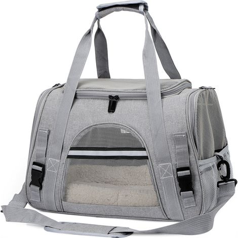 Sac Transport Chat Chien, Caisse de Transport Chat Portable et Respirant, Cage Transport Chat Pliable avec Laisse de Sécurité Intérieure et Bol Idéal pour Chats, Petits Chiens, Gris