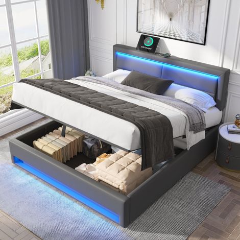 Polsterbett PU Grau 140x200 cm mit Stauraum, LED-Beleuchtung und USB-Ladefunktion (1/5)