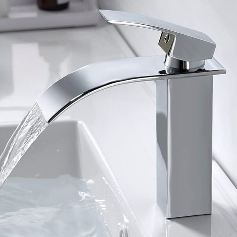 YMYNY Moderner Wasserfall-Badezimmerhahn, Elegantes Design Wasserfall-Waschtischhahn, Messing-Badezimmermischbatterie, Warm- und Kaltwasser verfügbar, Verchromter Wasserfallhahn G 3/8 (1/4)