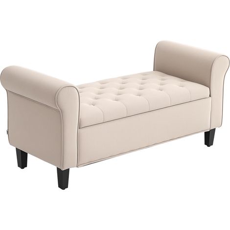 Banc bout de lit avec coffre de rangement, assise velours capitonnée et accoudoirs, 126 cm, pour chambre beige (1/5)