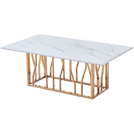 Table Basse PORTOFINO Plateau Verre Trempé Effet Marbré Blanc Pieds Gold 120x70x45cm (1/5)