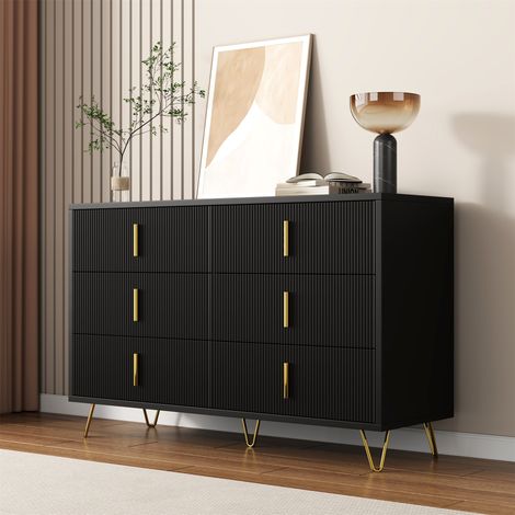 Commode 6 tiroirs, pieds et poignées dorées, moderne pour salon et chambre, noir
