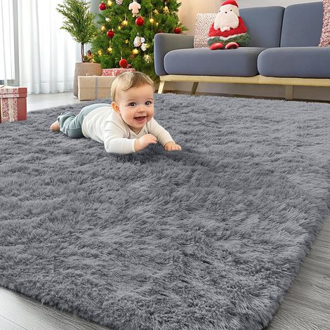 Tapis Moelleux à Poils Longs - Dessous antidérapant - Lavable - pour Le Salon, la Chambre d'enfant, la Chambre à Coucher - 140 x 200 cm, Gris (1/5)