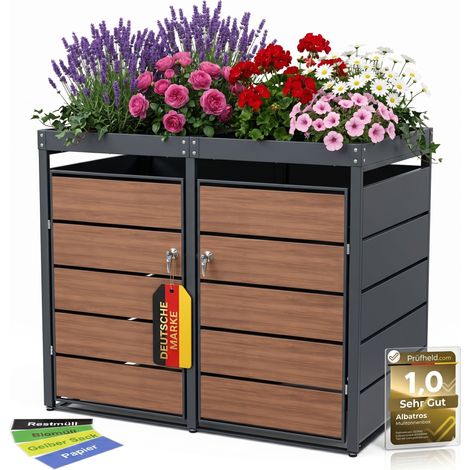 Mülltonnenbox 2er Holzdekor mit Pflanzkasten, 120L bis 240L, für Zwei Tonnen, Metall, Anthrazit Grau RAL7016, abschließbar, wetterfest (1/5)