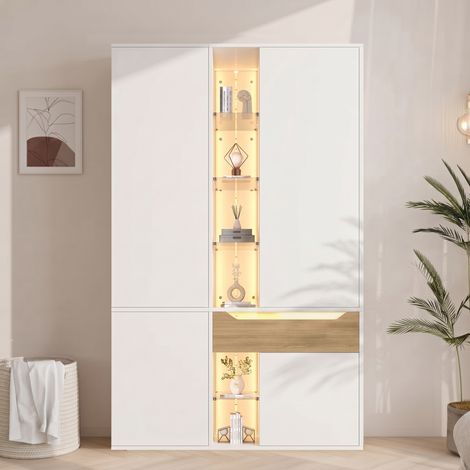 Armoire dressing 122x50x200 cm avec vitrine LED, penderie, 1 tiroir, 6 compartiments fermés, 6 niches ouvertes, panneaux de particules blancs (1/5)