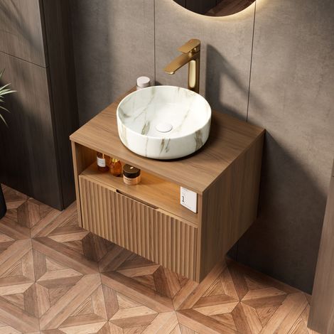Meuble vasque suspendu de 60cm, avec vasque en céramique blanche imitation pierre, avec tiroir, étagère, sans montage, chêne brun (1/5)
