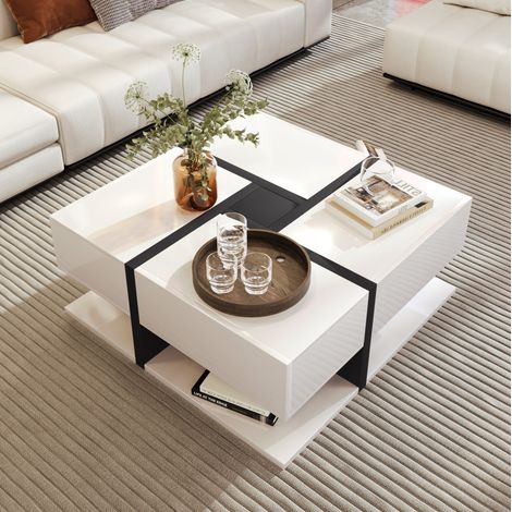 Tavolino da salotto in truciolare bianco lucido 78 cm quadrato con 4 cassetti (1/5)