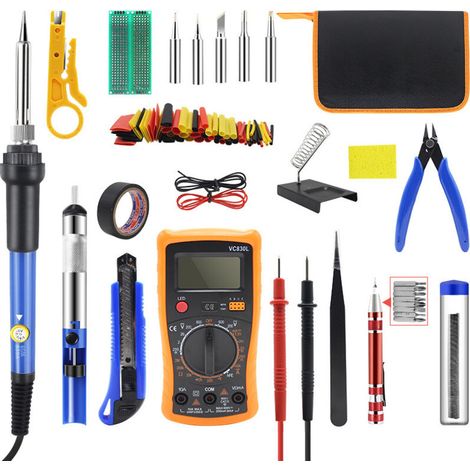 Lötset, 60-W-Lötkolben, einstellbare Temperatur von 200–450 °C, Multimeter, 5 Lötspitzen, Lötzinn, Lötdraht, Pinzette, Abisolierzange, Ständer