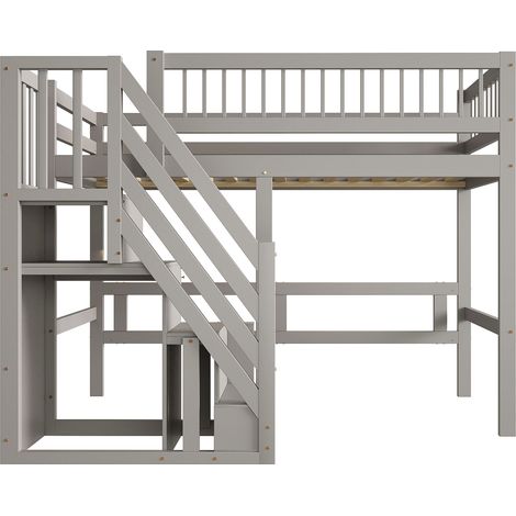 Lit mezzanine 90x200 lit enfant en bois massif avec escalier de rangement, lit ado gris surélevé, cadre robuste et sécurisé (1/5)