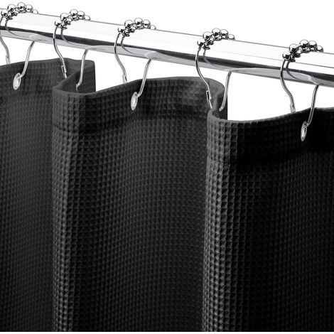 Cortina de ducha negra 150 cm x 180 cm, 1 pieza de poliéster con anillas metálicas esféricas, cortina de ducha para baño con relieve (1/5)