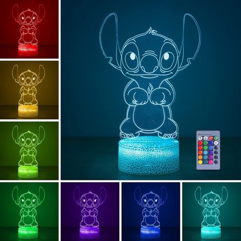 Lampe Stitch : Veilleuse 3D à illusion d'optique avec commandes tactiles et télécommande, lampe de bureau anime 16 couleurs, cadeau pour filles, décoration pour chambre d'enfant
