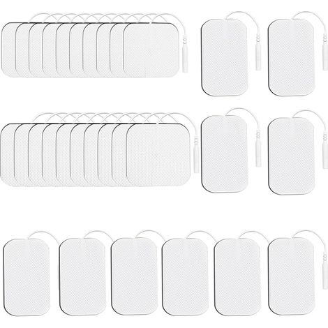 Lot de 30 Électrodes Adhésives Universelles De Rechange, 3 Tailles 4 x 4 cm/4 x 6 cm/5 x 5 cm, Réutilisables Electrodes pour Electrostimulateur TENS EMS avec Connecteur Filaire de 2 mm (1/5)