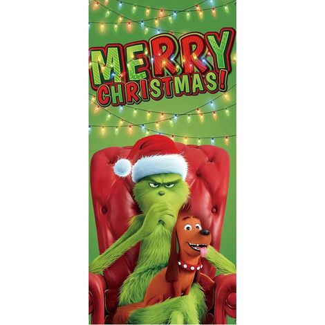Décoration de porte Grinch vert, tissu d'ambiance, rideau de porte suspendu, bannière - 90 x 180 cm (œillets + ruban) - Style 30