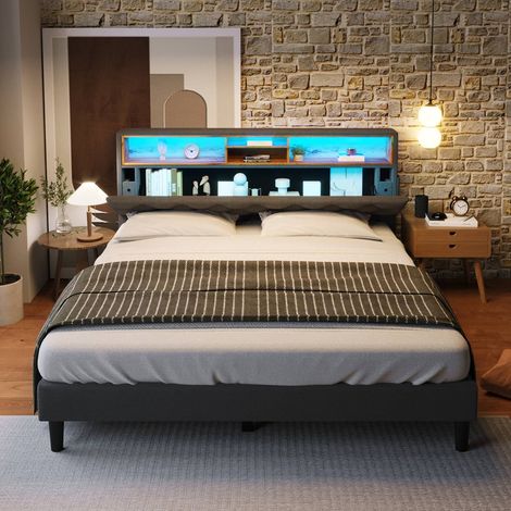 Lit double 140 x 200 cm en tissu gris avec tĂŞte de lit Ă led, espace de rangement et sommier Ă lattes, sans matelas (1/5)