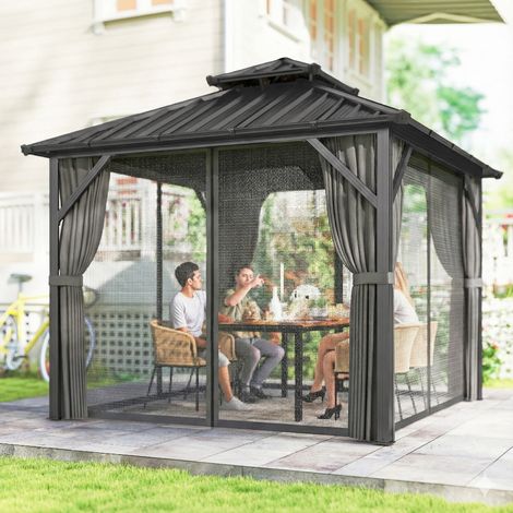 Pavillon 3 x 3 m à toit rigide avec cadre en aluminium et toit double en acier galvanisé, gris foncé (1/5)