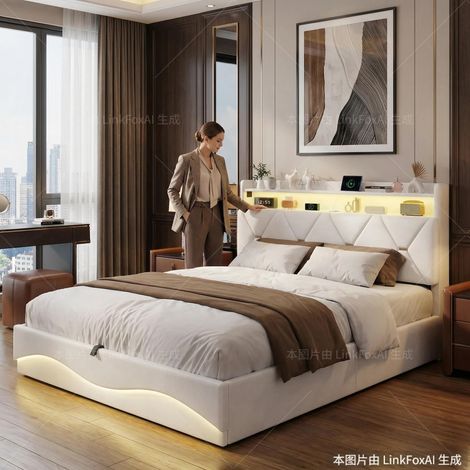 Polsterbett 140x200 cm mit Bettkasten - Bettgestell mit Stauraum-Kopfteil, LED-Beleuchtung und USB-Ladefunktion - Samt & MDF - Beige