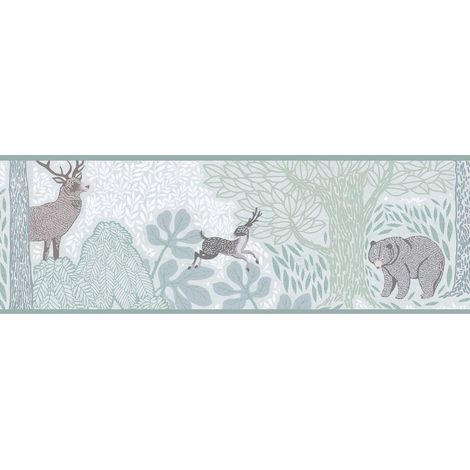 Papel pintado infantil Profhome 771751 cenefa liso con motivo de bosque mate verde gris-parduzco verde menta blanco 5 m