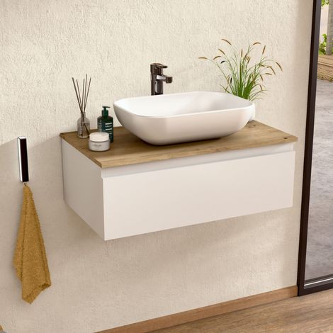 BELLOBATH – Hängender Badezimmerschrank mit Keramikwaschbecken, Badezimmerschrank mit 1 Schublade, 100 x 27 x 46 cm, weißer Schrank und Eichenholzplatte