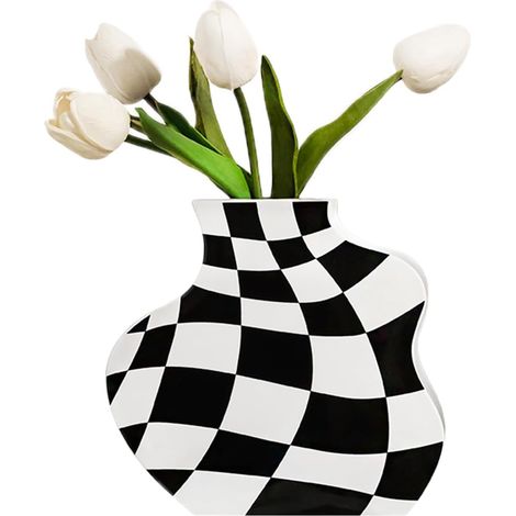Vase Noir et Blanc Damier, Petit Vase en Céramique, Vases Decoratifs Moderne Ceramique Motif Géométrique pour la Décoration de la Maison Salon Chambre à Coucher Entrée de Table (S) (1/5)