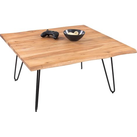 Couchtisch Baumkante massiv Akazie natur 90 x 90 Hairpin-Gestell schwarz NOAH