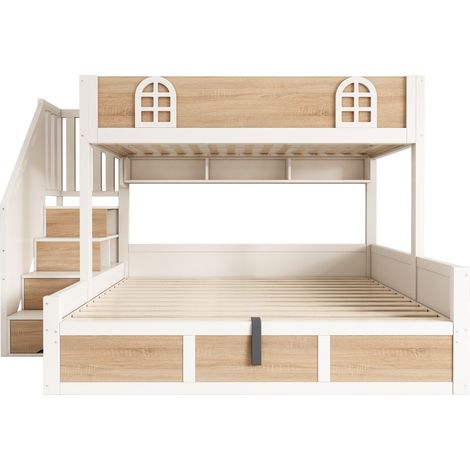 Litera infantil 90x200/140x200 cm de madera con escalera-armario, blanco/natural, MODENUIT (1/5)