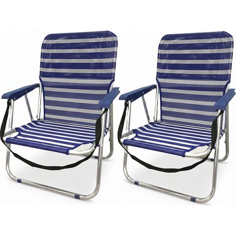 Set di 2 Spiaggine da Mare Leggere in Alluminio con Tracolla di Trasporto Tasca Portaoggetti  Sedia bassa tessuto in texilene Blu e Bianco per la Spiaggia Portatile solo 1.2 kg